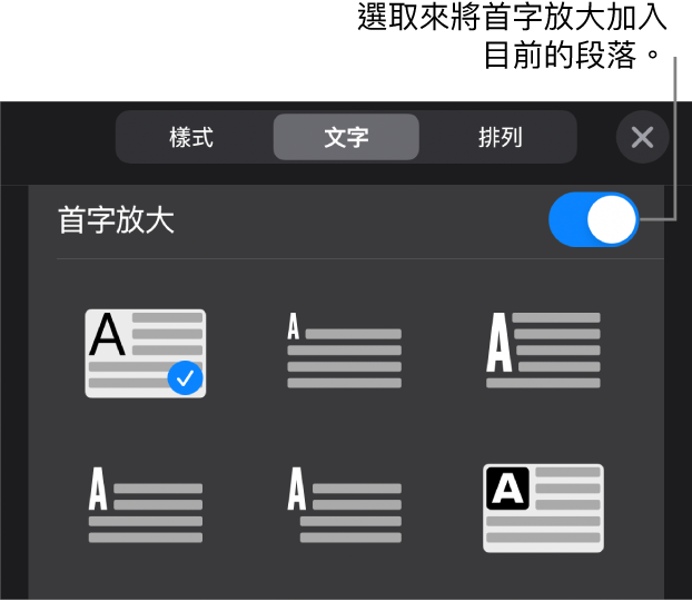 「首字放大」控制項目位於「文字」選單的底部。