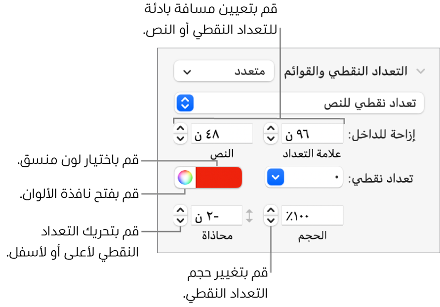 قسم التعداد الرقمي والنقطي مع وسائل شرح لعناصر التحكم في المسافة البادئة للنص والتعداد النقطي، ولون التعداد النقطي، وحجم التعداد النقطي، والمحاذاة.