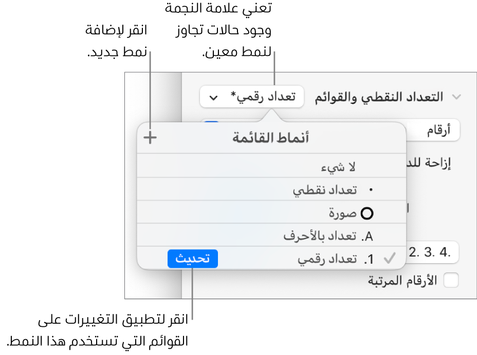 القائمة المنبثقة أنماط القائمة تعرض علامة نجمية تشير إلى تجاوز ووسائل شرح لزر نمط جديد وقائمة فرعية بخيارات لإدارة الأنماط.