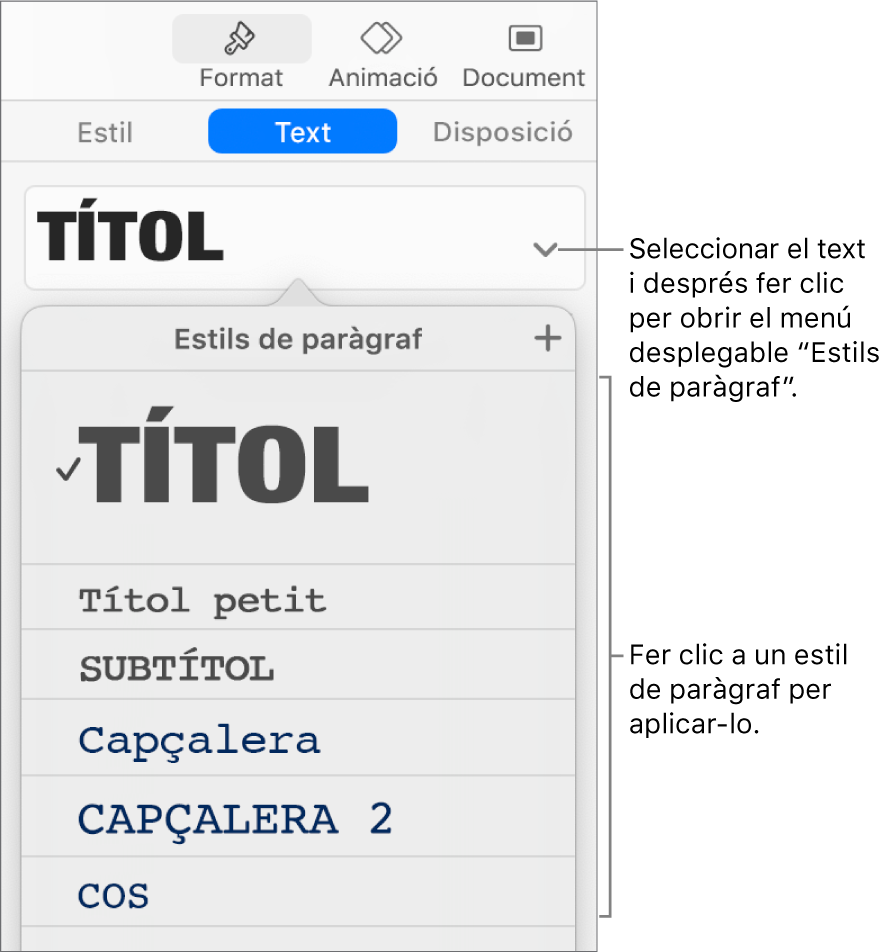 Menú “Estils de paràgraf” amb una marca de verificació al costat de l’estil seleccionat.