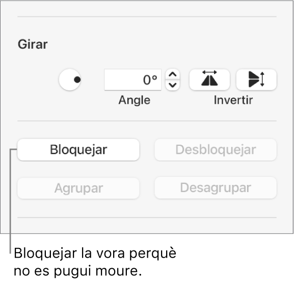 Els controls d’objecte Girar, Bloquejar i Agrupar amb el botó Bloquejar ressaltat.