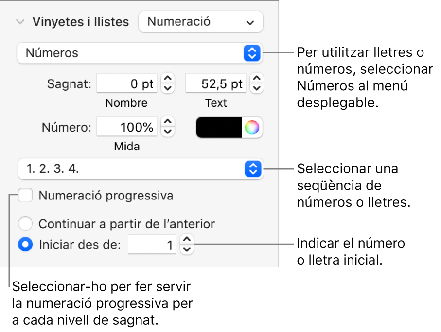 Controls per canviar l’estil dels números i l’espaiat d’una llista.