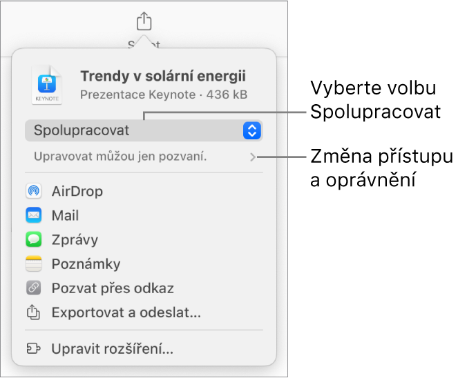 Nabídka sdílení, v níž je nahoře vidět vybraná volba Spolupracovat a pod ní volby pro nastavení přístupu a oprávnění