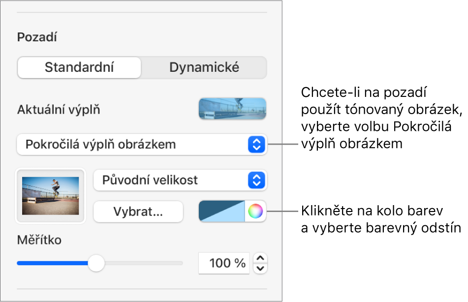 Ovládací prvky Pozadí s vyznačenou volbou Pokročilá výplň obrázkem která je nastavená jako pozadí snímku