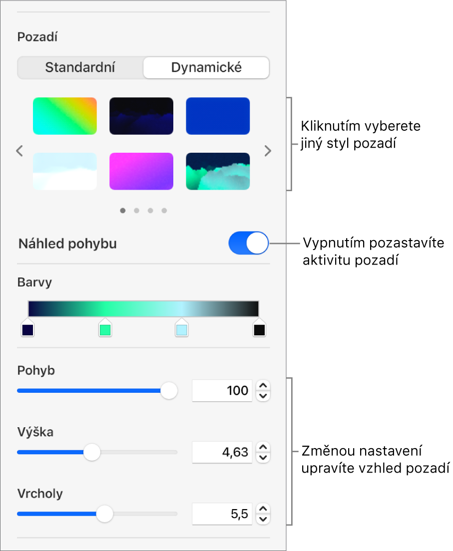 V oddílu Pozadí na bočním panelu Formát se zobrazenými dynamickými styly pozadí, ovládacím prvkem Náhled pohybu a ovládacími prvky vzhledu je vybráno tlačítko Dynamické