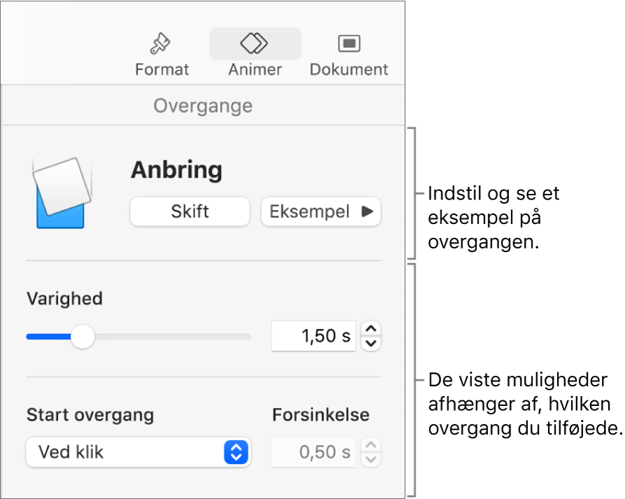 Betjeningsmuligheder til overgange under Overgange i indholdsoversigten.