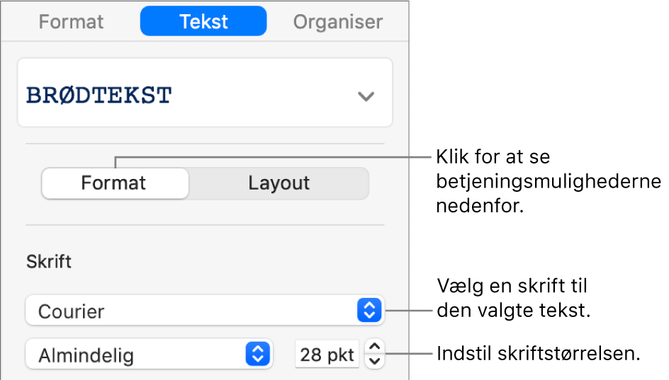 Betjeningsmuligheder til tekst under Format i indholdsoversigten til indstilling af skrift og skriftstørrelse.