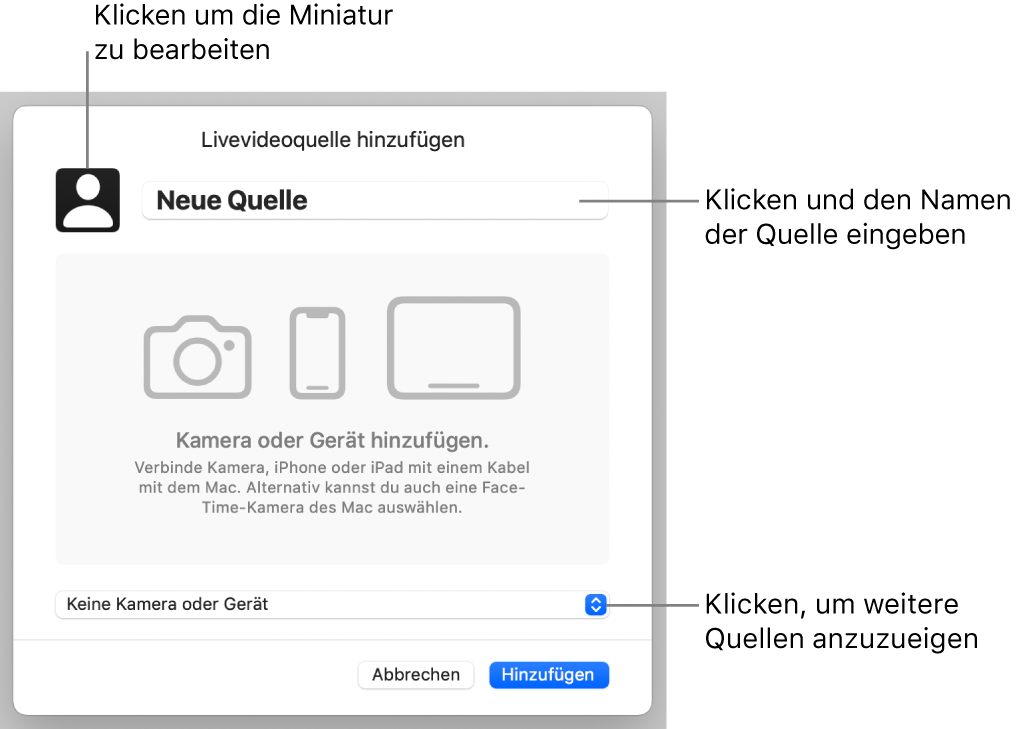 Das Fenster „Livevideoquelle hinzufügen“ mit Steuerelementen zum Ändern des Namens und der Miniatur der Quelle oben und zum Auswählen anderer Quellen unten