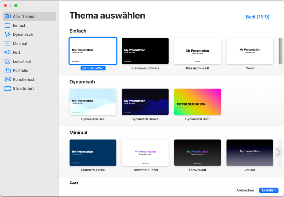 Die Themenauswahl. Eine Seitenleiste links enthält eine Liste mit Themenkategorien, auf die du klicken kannst, um Optionen zu filtern. Rechts befinden sich Miniaturen von vordefinierten Themen in Zeilen nach Kategorie sortiert. Die Taste für die Themengröße befindet sich oben rechts. Mit ihr kannst du die Formate „Standard“ oder „Breit“ festlegen. Unten rechts sind die Tasten „Abbrechen“ und „Erstellen“.