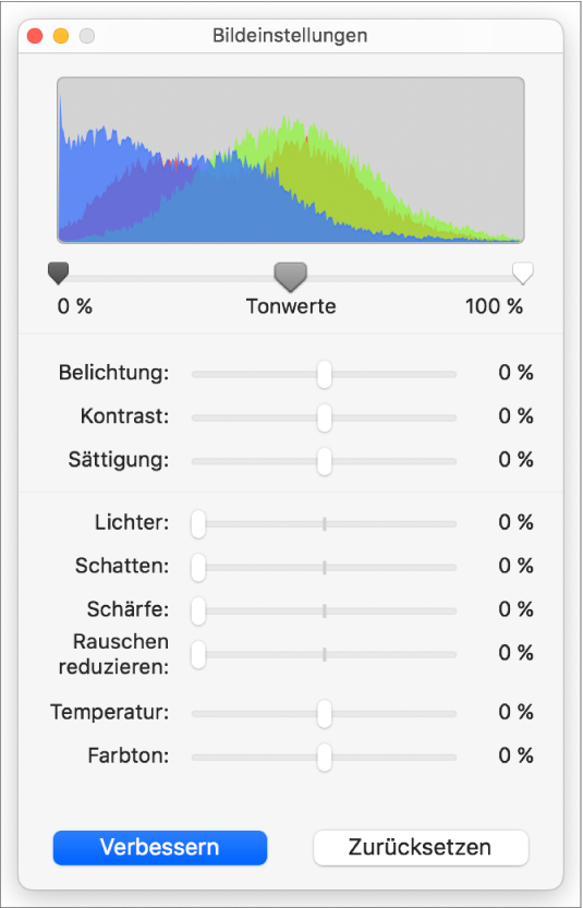 Fenster „Bildeinstellungen“ mit Reglern zum Einstellen von Belichtung, Kontrast, Sättigung, Glanzlichtern, Schatten, Schärfe, Rauschunterdrückung, Temperatur und Farbton