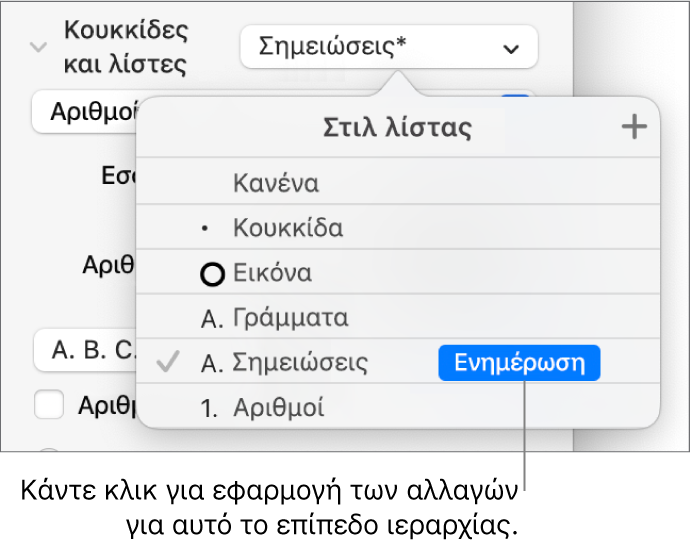 Το αναδυόμενο μενού «Στιλ λίστας» με ένα κουμπί «Ενημέρωση» δίπλα στο όνομα του νέου στιλ.