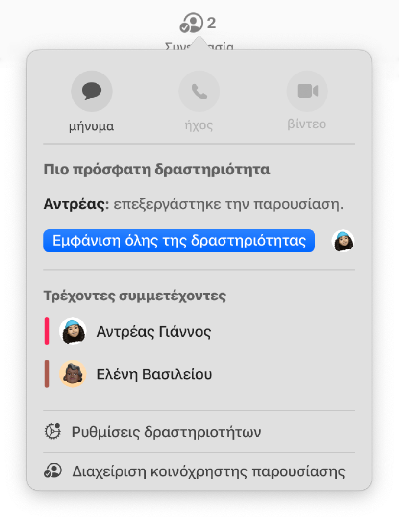 Το μενού συνεργασίας, στο οποίο εμφανίζονται τα ονόματα των ατόμων που συνεργάζονται στην παρουσίαση.