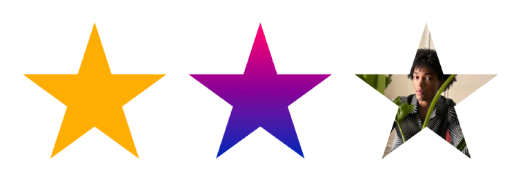 Three star-shapes with different fills. One is solid yellow, one has a pink-to-blue gradient, and one has an image fill.