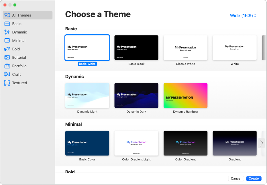 The theme chooser. A sidebar on the left lists theme categories you can click to filter options. On the right are thumbnails of predesigned themes arranged in rows by category. The theme size button is in the top-right corner, where you can set Standard or Wide format. The Cancel and Create buttons are in the bottom-right corner.