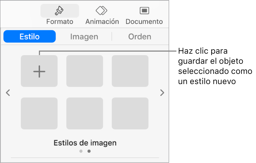 La pestaña Estilo de la barra lateral Formato con un estilo de caja de texto, el botón Crear estilo a la derecha y cuatro marcadores de posición de estilo vacíos.