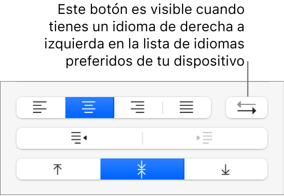 El botón Dirección del párrafo en la sección Alineación de la barra lateral Formato.