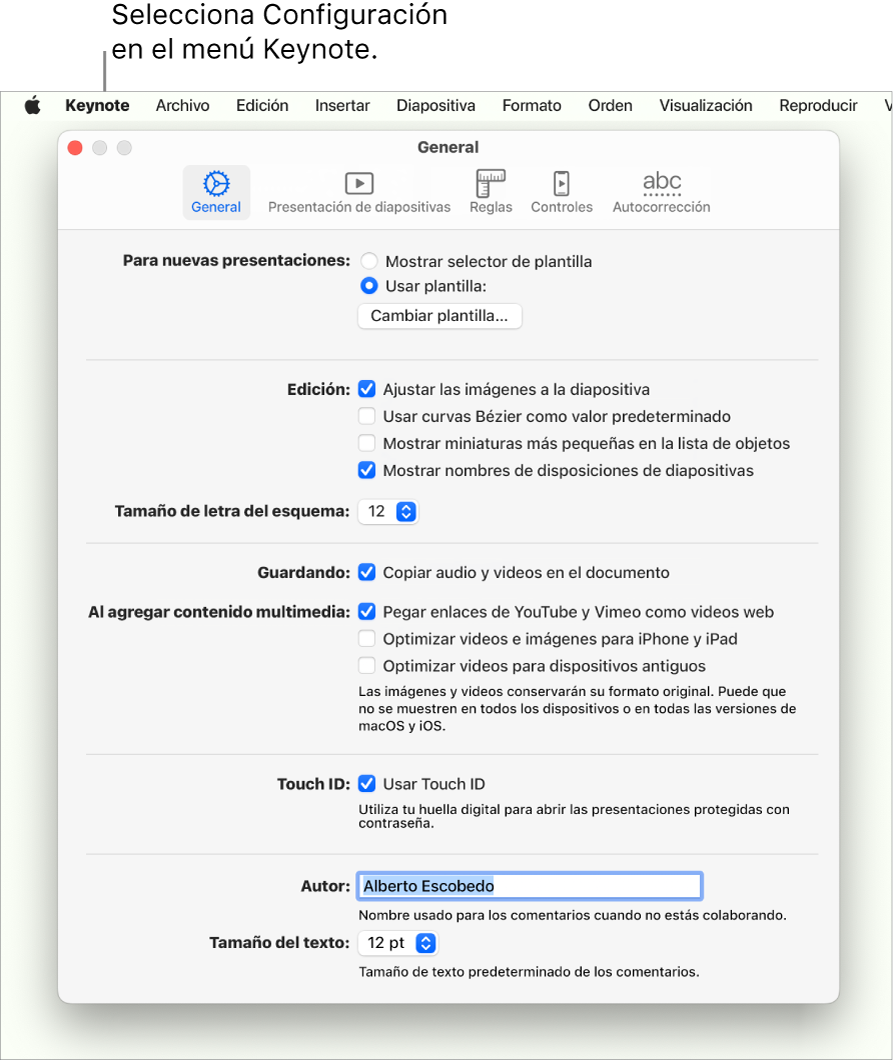 La ventana de configuración de Keynote abierta en el panel General.