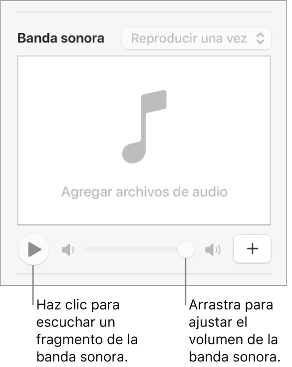 Los controles Banda sonora con mensajes en el botón Reproducir y en el regulador de volumen.