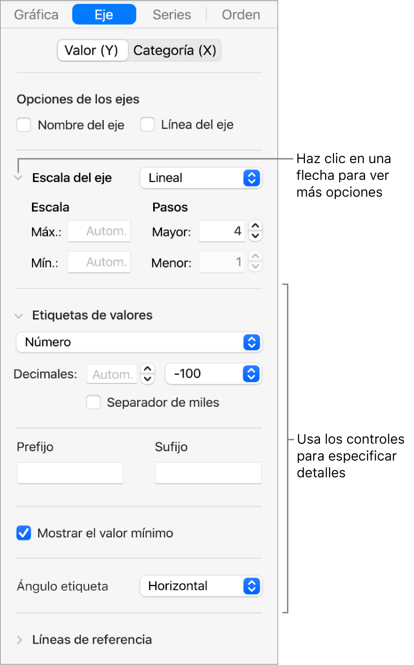 Controles para dar formato a las marcas de eje de una gráfica.