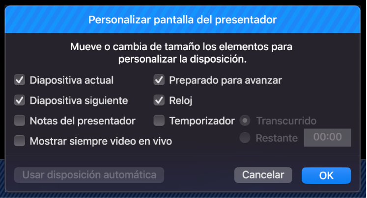 Cuadro de diálogo Personalizar pantalla del presentador.