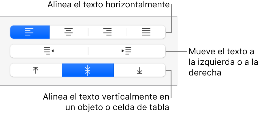 La sección Alineación de la barra lateral con botones para alinear el texto horizontalmente, mover el texto a izquierda o derecha y alinear el texto verticalmente.