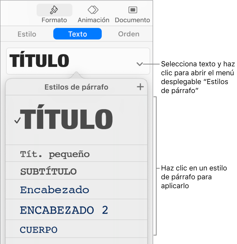 El menú Estilos de párrafo con una marca de verificación junto al estilo seleccionado.