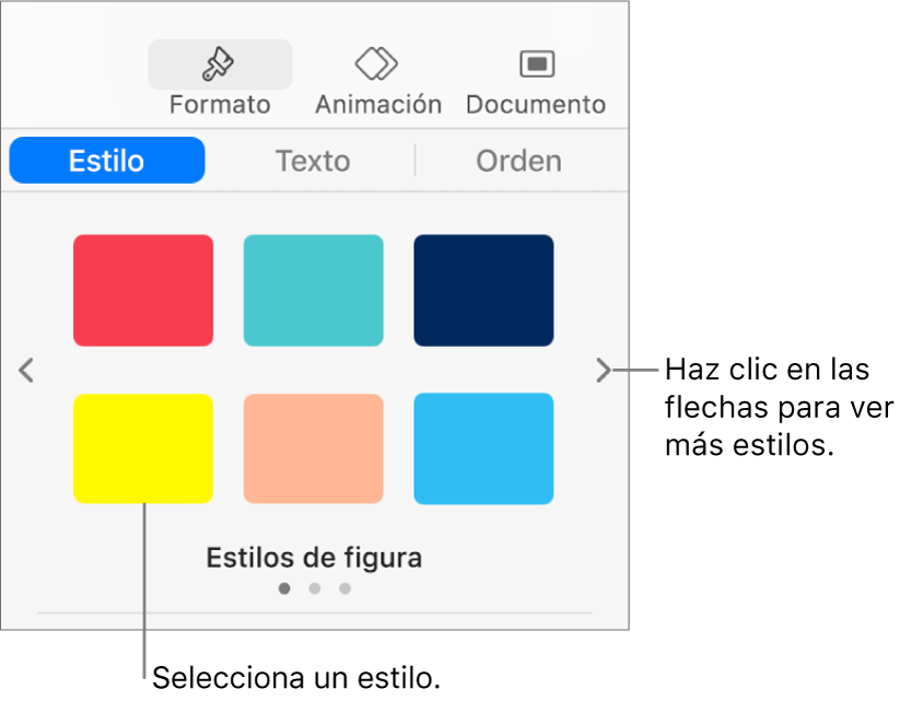 La pestaña Estilo de la barra lateral Formato con seis estilos de objeto y flechas de navegación a su derecha e izquierda.