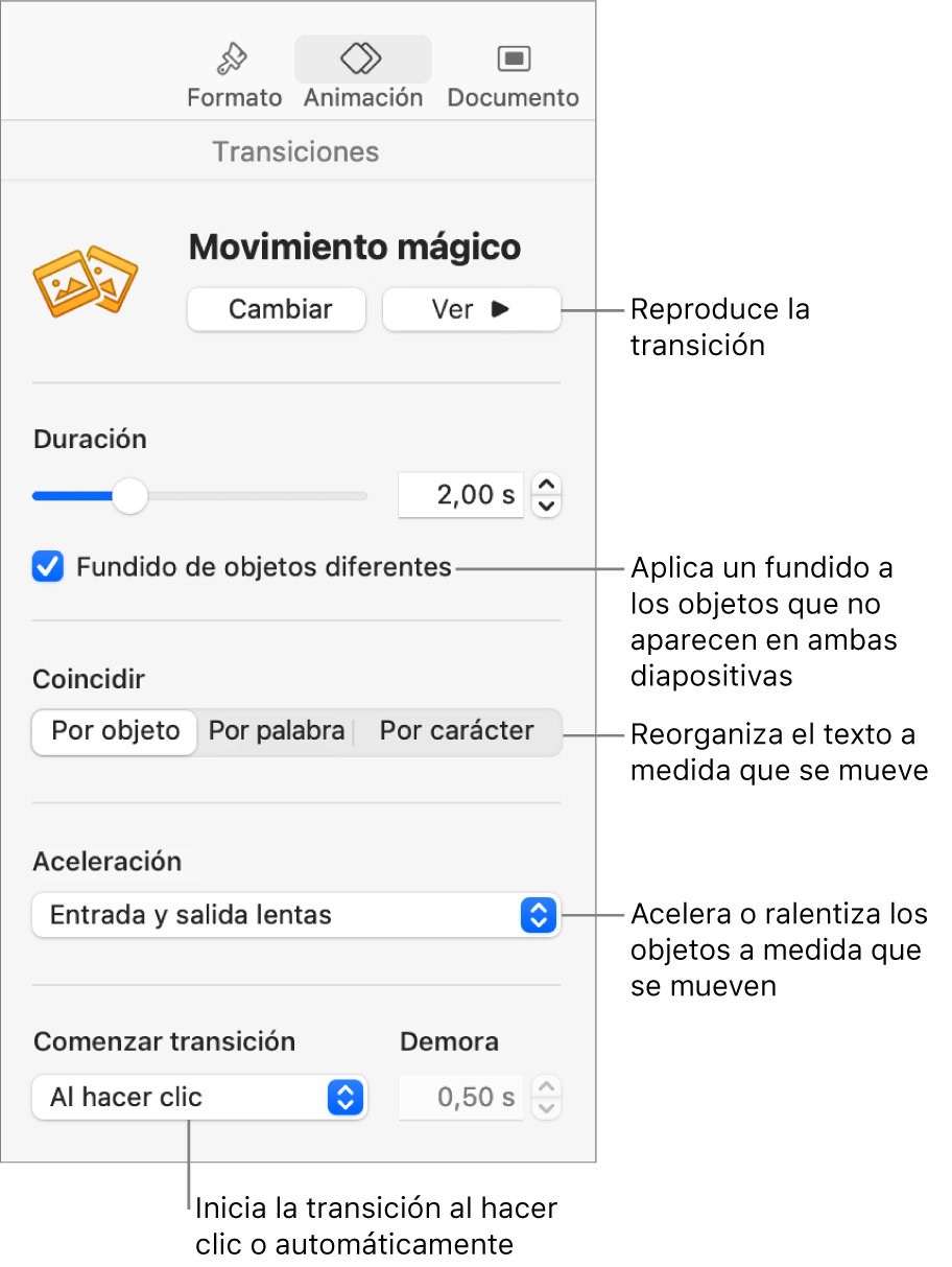 Controles de la transición “Movimiento mágico” en la sección Transiciones de la barra lateral Animar.