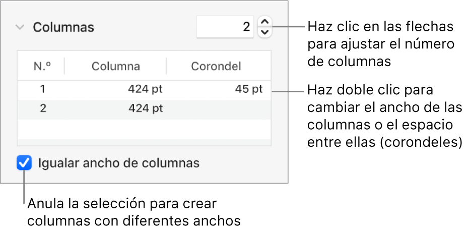 Controles de la sección de columnas para cambiar el número de columnas y la anchura de cada columna.