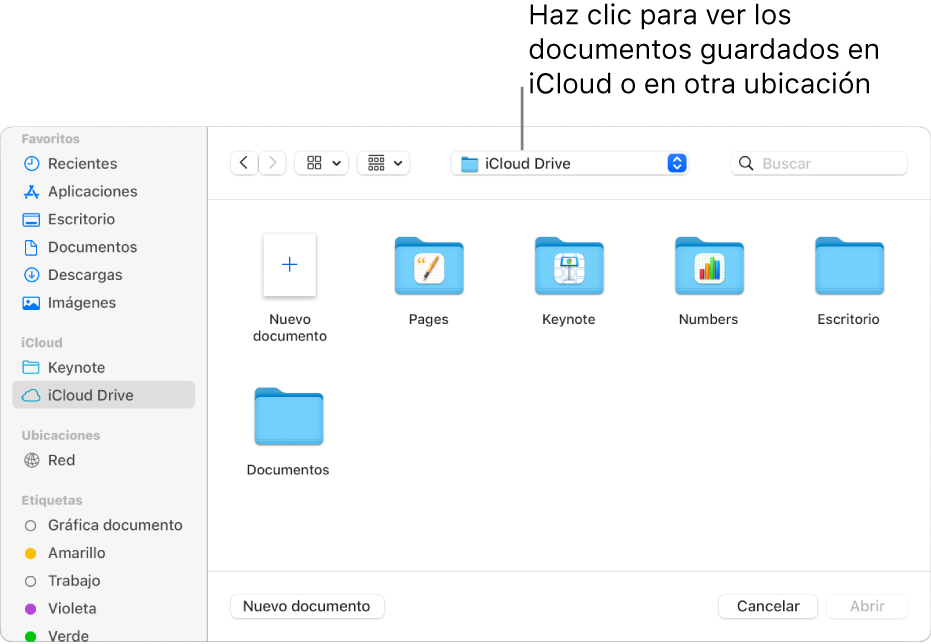 El cuadro de diálogo Abrir con la barra lateral abierta a la izquierda y iCloud Drive seleccionado en el menú desplegable en la parte superior. En el cuadro de diálogo aparecen carpetas para Keynote, Numbers y Pages, junto con un botón “Nuevo documento”.