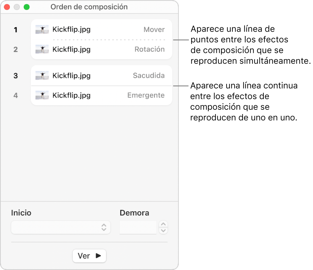 El menú “Orden de composición” con una línea de puntos entre los efectos de composición que se reproducen simultáneamente y una línea continua entre los efectos de composición que se reproducen de uno en uno.
