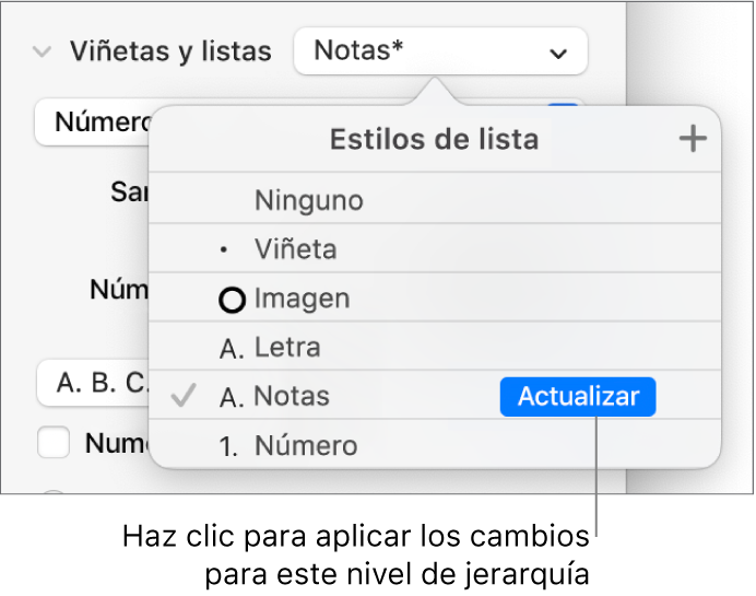 El menú desplegable “Estilos de lista” con el botón Actualizar junto al nombre del nuevo estilo.