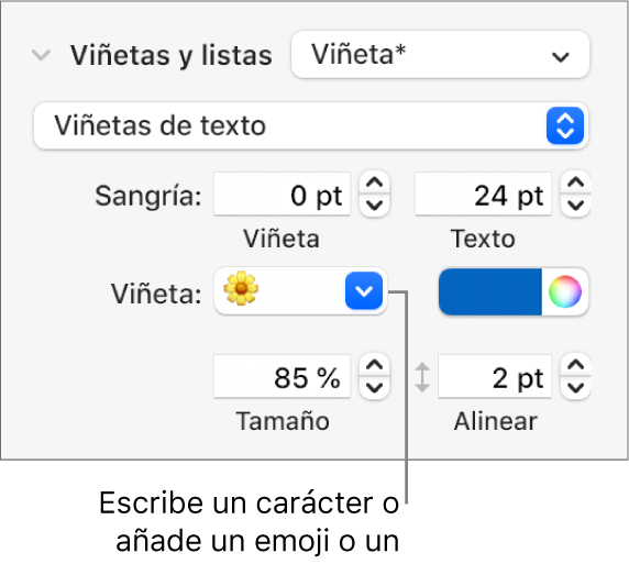 La sección de viñetas y listas de la barra lateral Formato. El campo Viñeta muestra un emoji de una flor.