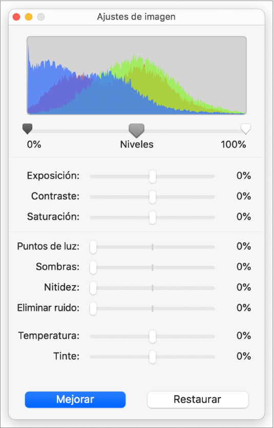 La ventana “Ajustar imagen” con reguladores para ajustar la exposición, el contraste, la saturación, los puntos de luz, las sombras, la nitidez, la eliminación de ruido, la temperatura y el tinte.