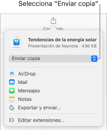 El menú Compartir con la opción “Enviar copia” seleccionada en la parte superior.