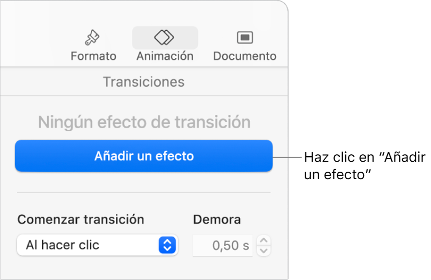 Botón “Añadir un efecto” en la sección Animación de la barra lateral.