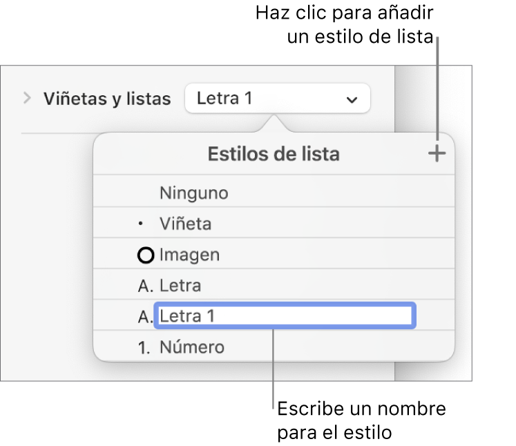 El menú desplegable “Estilos de lista” con el botón Añadir en la esquina superior derecha y un marcador de posición de nombre de estilo con su texto seleccionado.