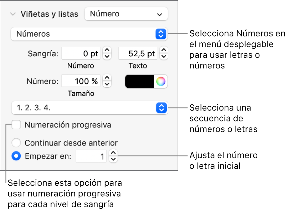 Controles para cambiar el estilo de numeración y el espaciado de una lista.