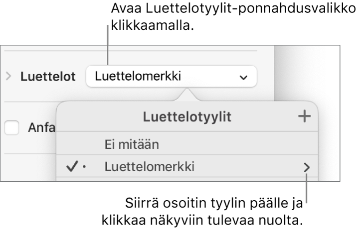Luettelotyylit-ponnahdusvalikko, jossa on yksi tyyli valittuna ja nuoli sen oikeaan reunaan.