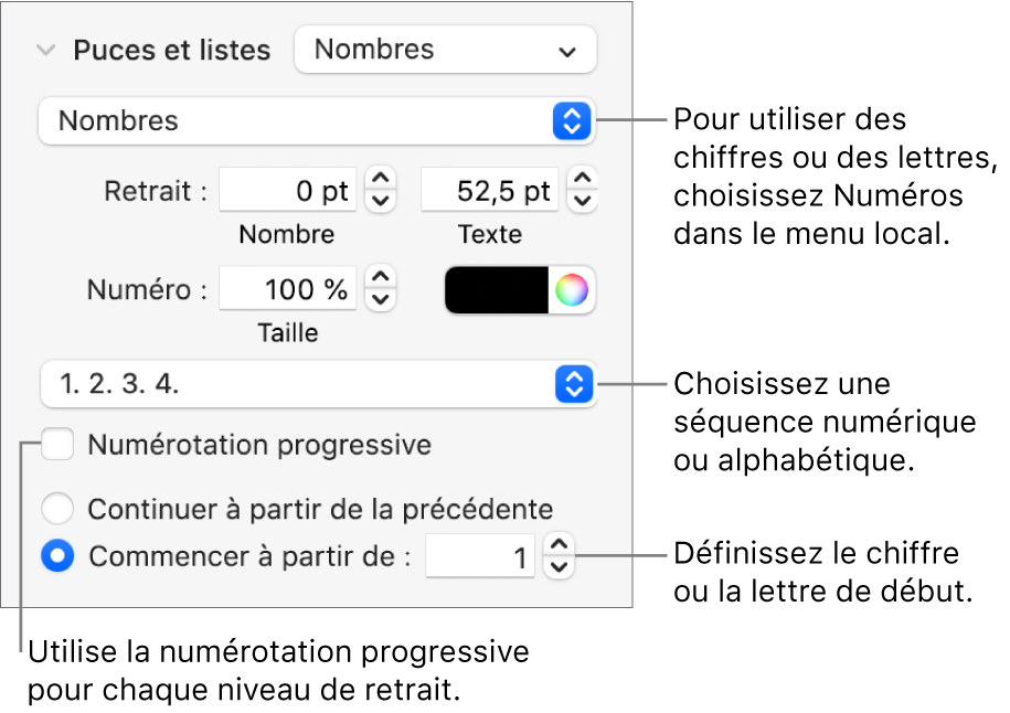 Commandes de modification du style de numérotation et de l’espacement d’une liste.