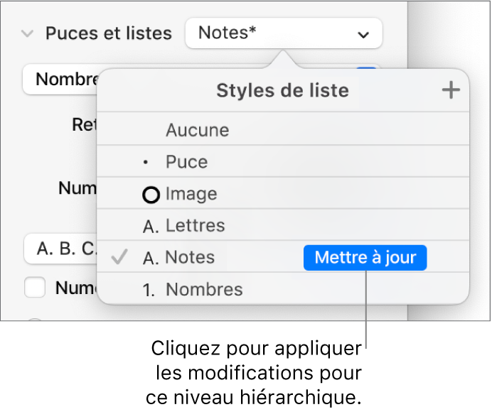 Menu contextuel Styles de liste avec un bouton Mettre à jour situé à côté du nom du nouveau style.