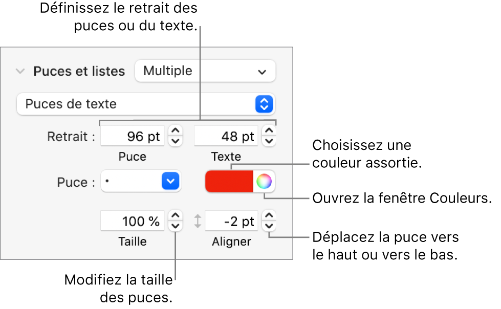 Section Puces et listes accompagnée des légendes des commandes pour le retrait des puces et du texte, la couleur des puces, leur taille et leur alignement.