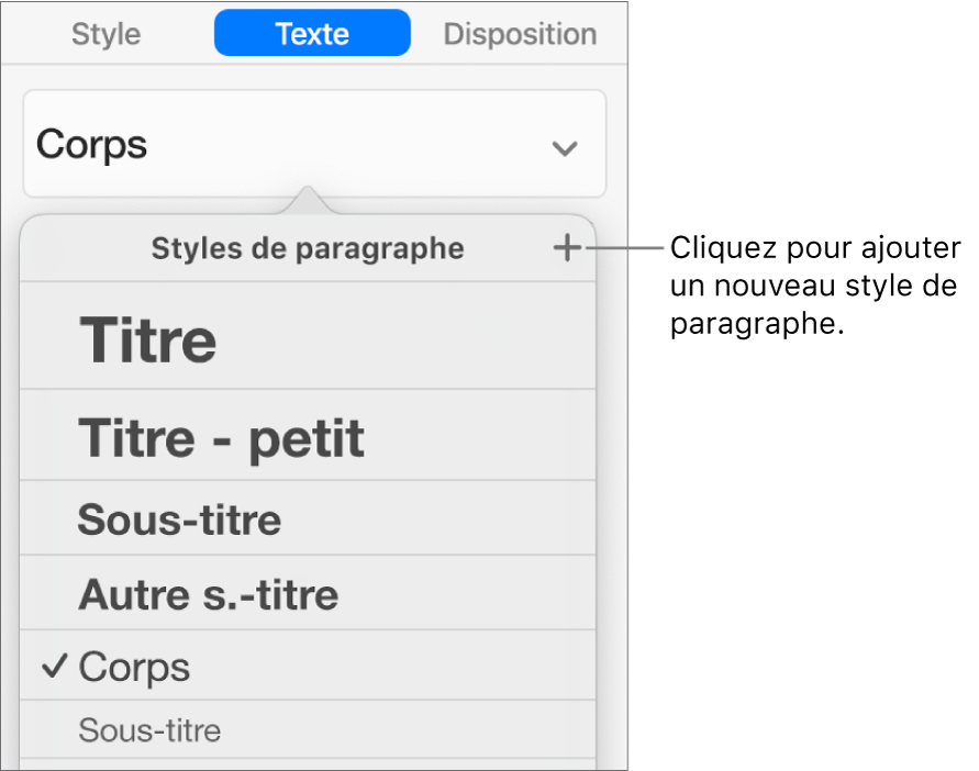 Le menu Styles de paragraphe avec le bouton Nouveau style accompagné d’une légende.