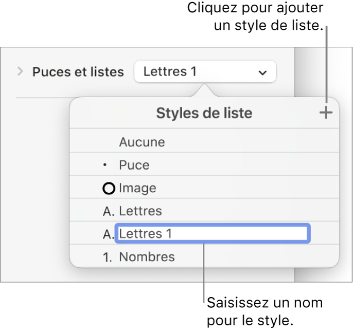 Menu contextuel Styles de liste avec un bouton Ajouter dans le coin supérieur et un nom de style de paramètre fictif dont le texte est sélectionné.