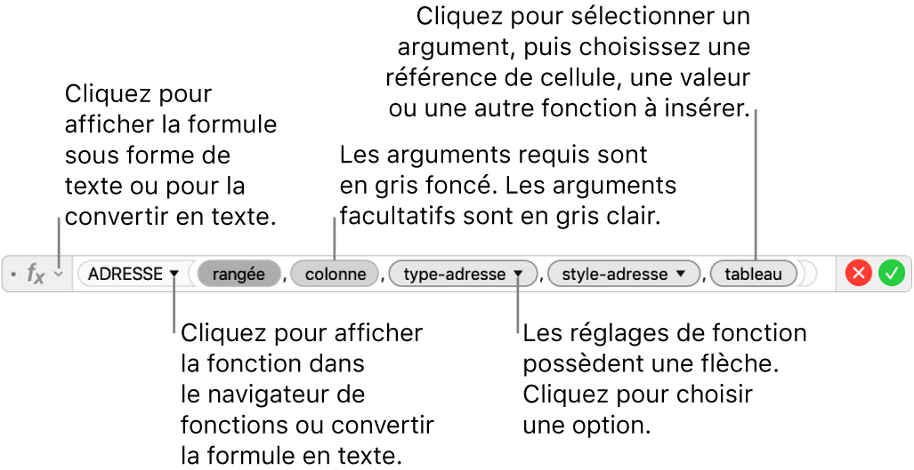 Éditeur de formule affichant la fonction ADRESSE et les jetons d’arguments correspondants.