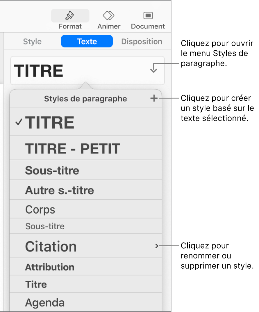 Le menu Styles de paragraphe, affichant des commandes pour ajouter ou modifier un style.