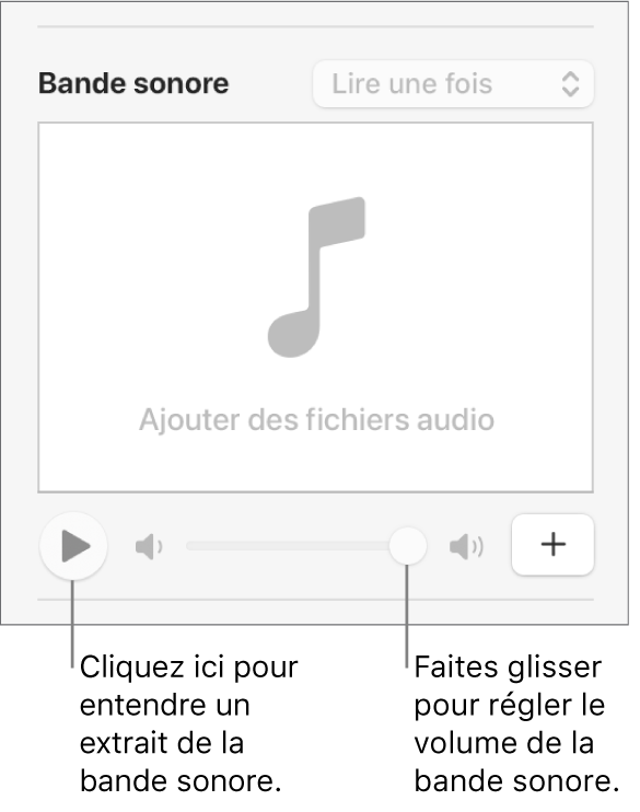 Les commandes Bande sonore avec le bouton Lecture et le curseur de volume en évidence.