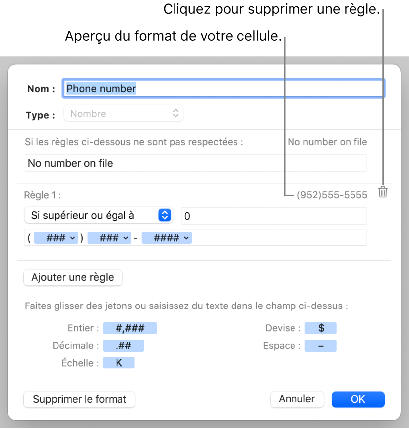 Format de cellule numérique personnalisé avec des règles.