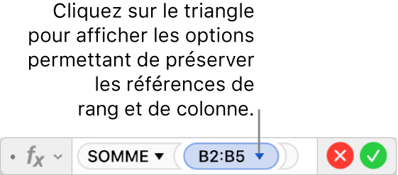 L’éditeur de formules indiquant comment préserver la rangée et la colonne d’une référence d’un intervalle de valeurs.