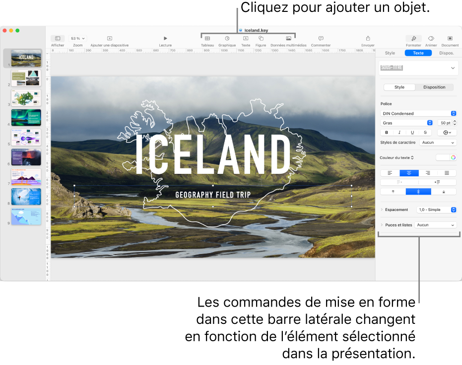 Les boutons de Keynote dans la barre d’outils permettant d’ajouter des objets et d’ouvrir la barre latérale.